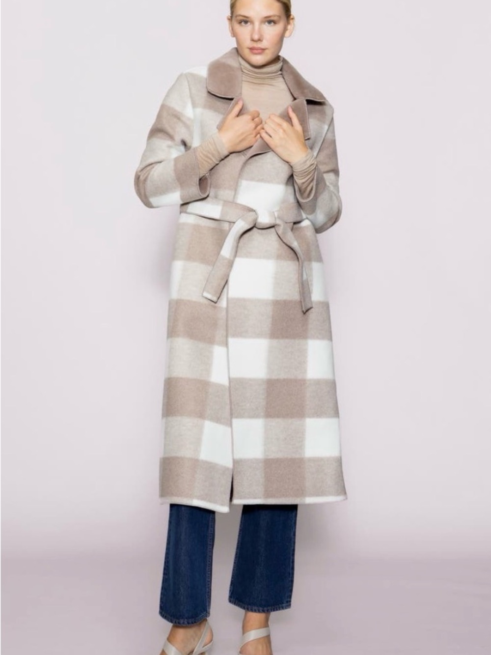 Plaid Belted Long Coat in Beige and White